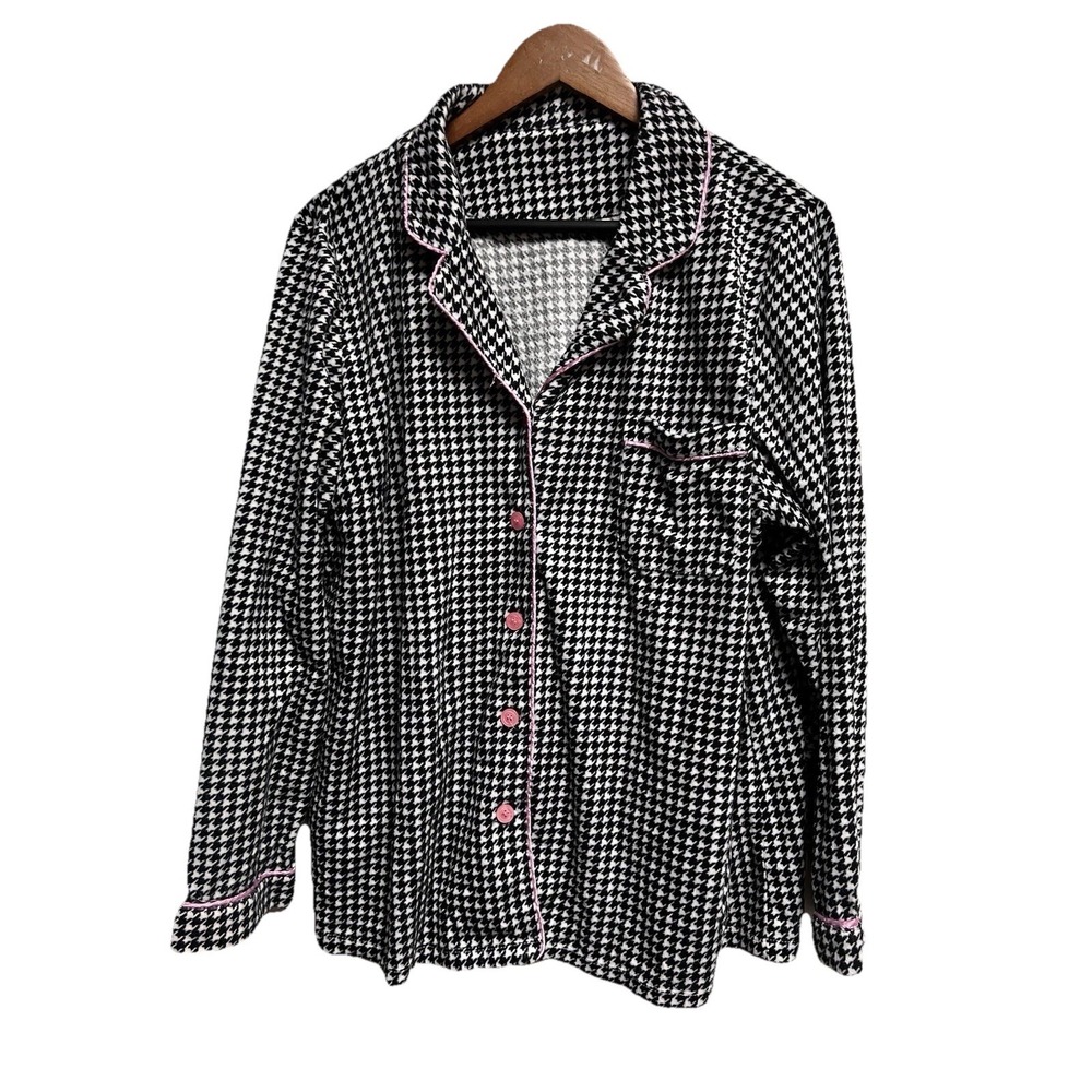 023-008 Womens 2x Pajama Sleep Shirt Black Houndstooth‎ Plush Soft Pj Top